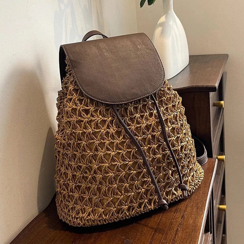 Straw Backpack for Women, Lightweight Summer Travel Bag in Beige, styled as a SheSelects summer accessory