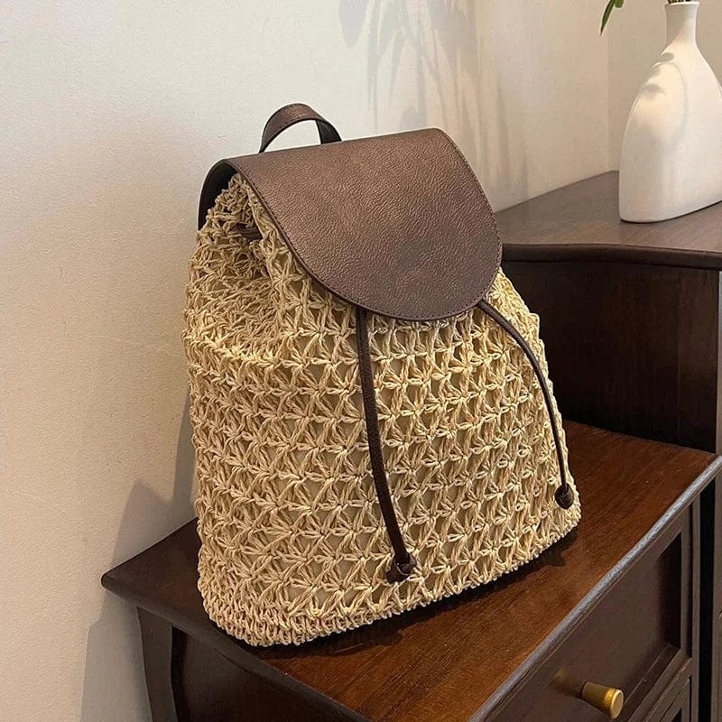 Straw Backpack for Women, Lightweight Summer Travel Bag in Beige, styled as a SheSelects summer accessory