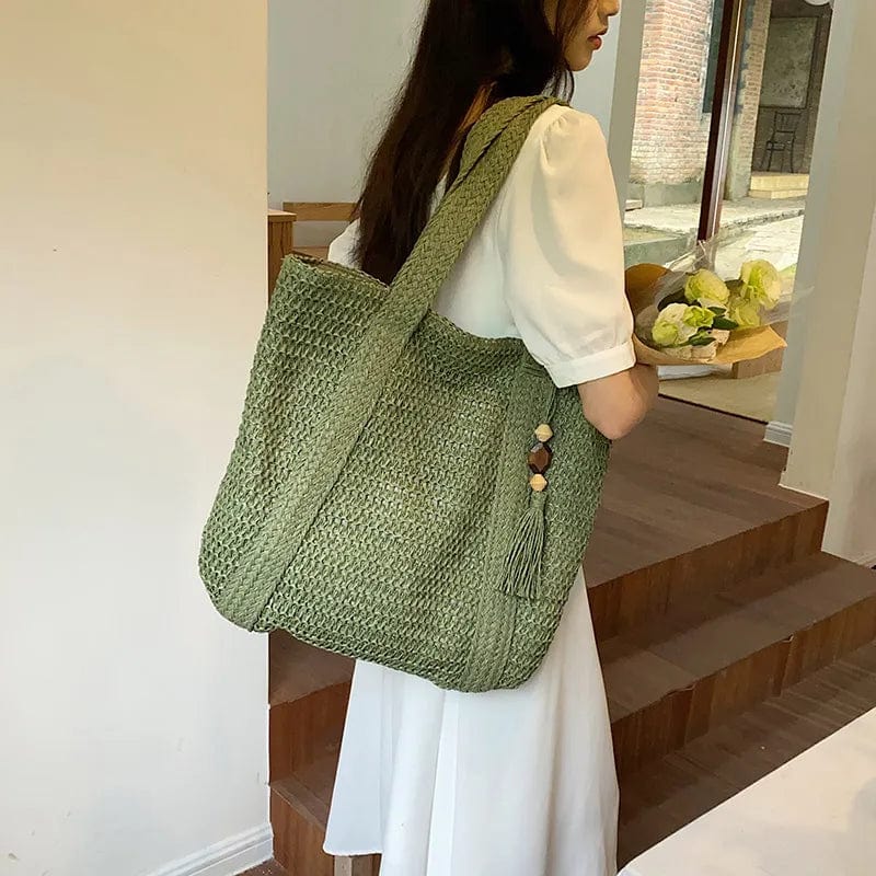 Straw Tote Bag for Women, Woven Summer Beach and Vacation Purse in Beige, styled as a SheSelects summer accessory