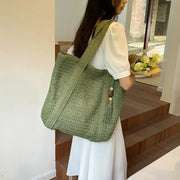 Straw Tote Bag for Women, Woven Summer Beach and Vacation Purse in Beige, styled as a SheSelects summer accessory