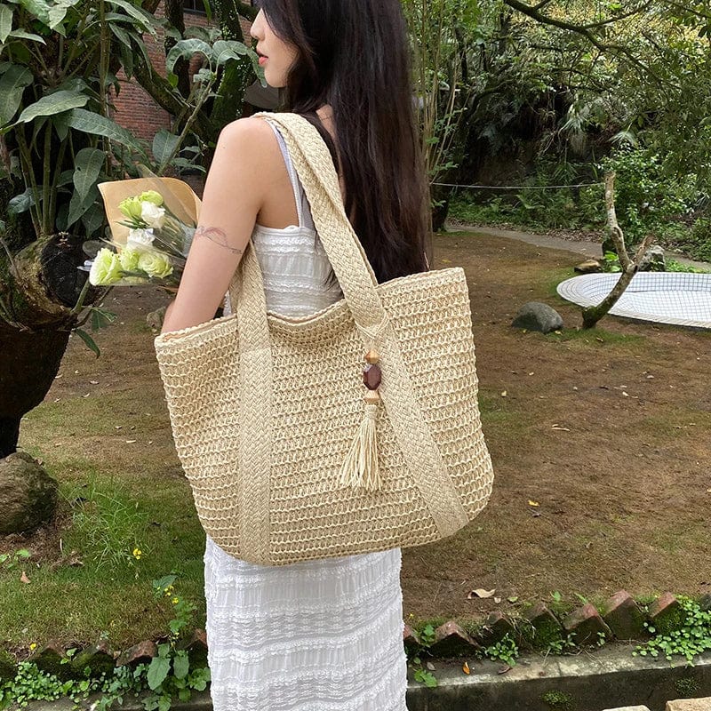 Straw Tote Bag for Women, Woven Summer Beach and Vacation Purse in Beige, styled as a SheSelects summer accessory