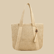 Straw Tote Bag for Women, Woven Summer Beach and Vacation Purse in Beige, styled as a SheSelects summer accessory