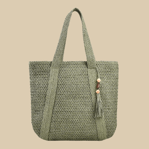 Straw Tote Bag for Women, Woven Summer Beach and Vacation Purse in Beige, styled as a SheSelects summer accessory
