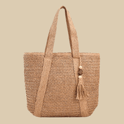 Straw Tote Bag for Women, Woven Summer Beach and Vacation Purse in Beige, styled as a SheSelects summer accessory