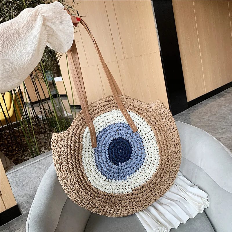Straw Tote Bag for Women, Woven Summer Beach and Vacation Purse in Beige, styled as a SheSelects summer accessory