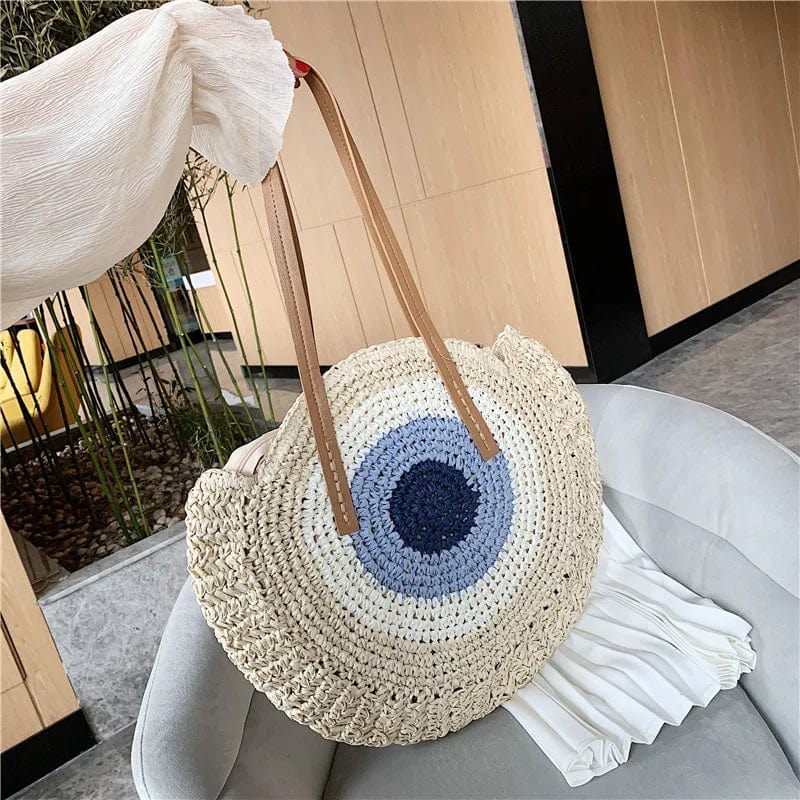 Straw Tote Bag for Women, Woven Summer Beach and Vacation Purse in Beige, styled as a SheSelects summer accessory