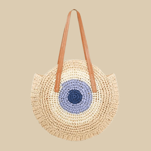 Straw Tote Bag for Women, Woven Summer Beach and Vacation Purse in Beige, styled as a SheSelects summer accessory