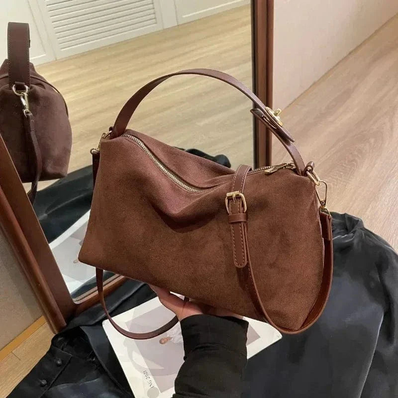 Suede Style Vegan Leather Handbag for Women, Everyday City Purse in Coffee, styled as a SheSelects summer accessory