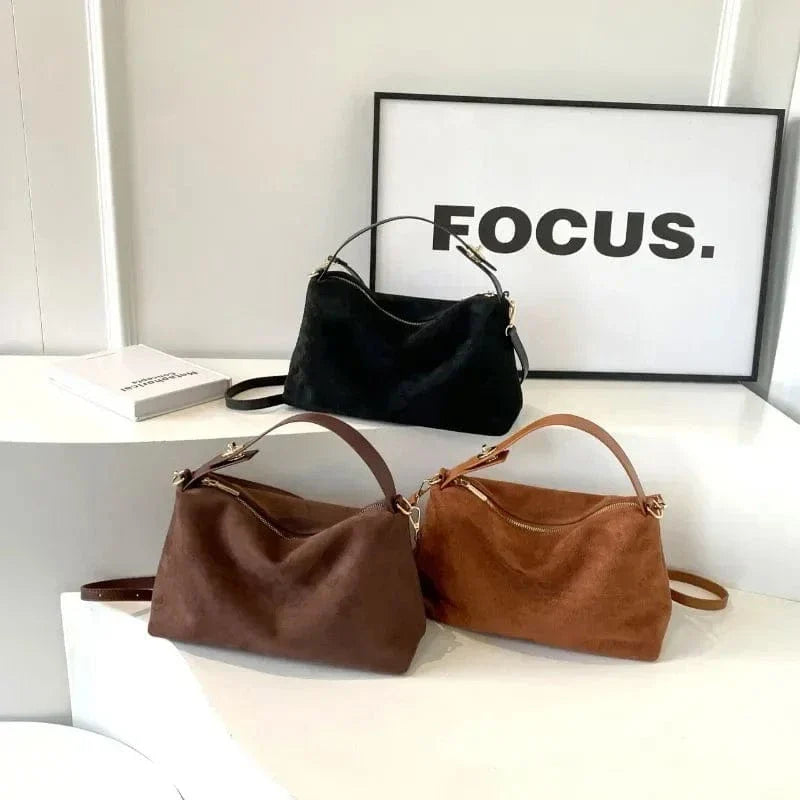 Suede Style Vegan Leather Handbag for Women, Everyday City Purse in Coffee, styled as a SheSelects summer accessory