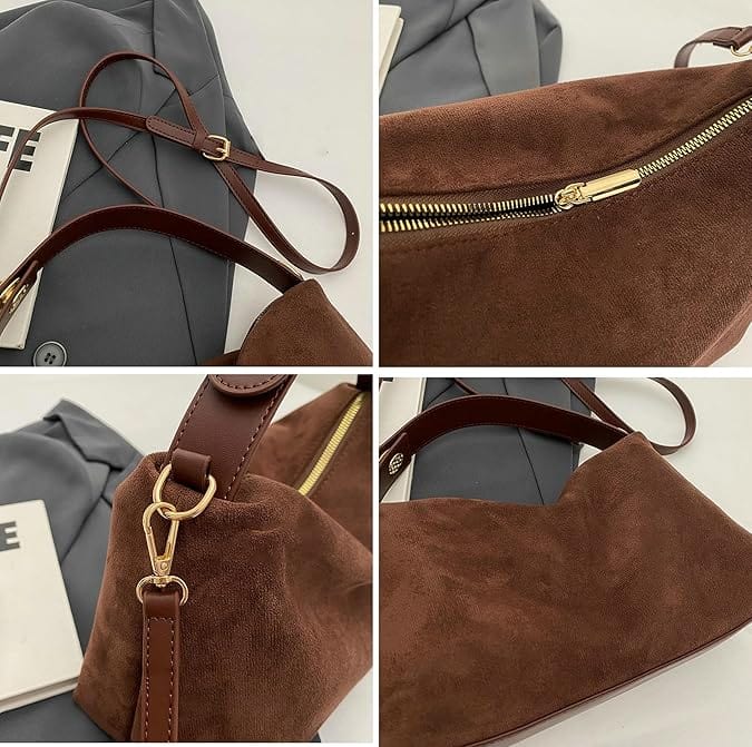 Suede Style Vegan Leather Handbag for Women, Everyday City Purse in Coffee, styled as a SheSelects summer accessory