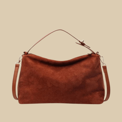 Suede Style Vegan Leather Handbag for Women, Everyday City Purse in Coffee, styled as a SheSelects summer accessory