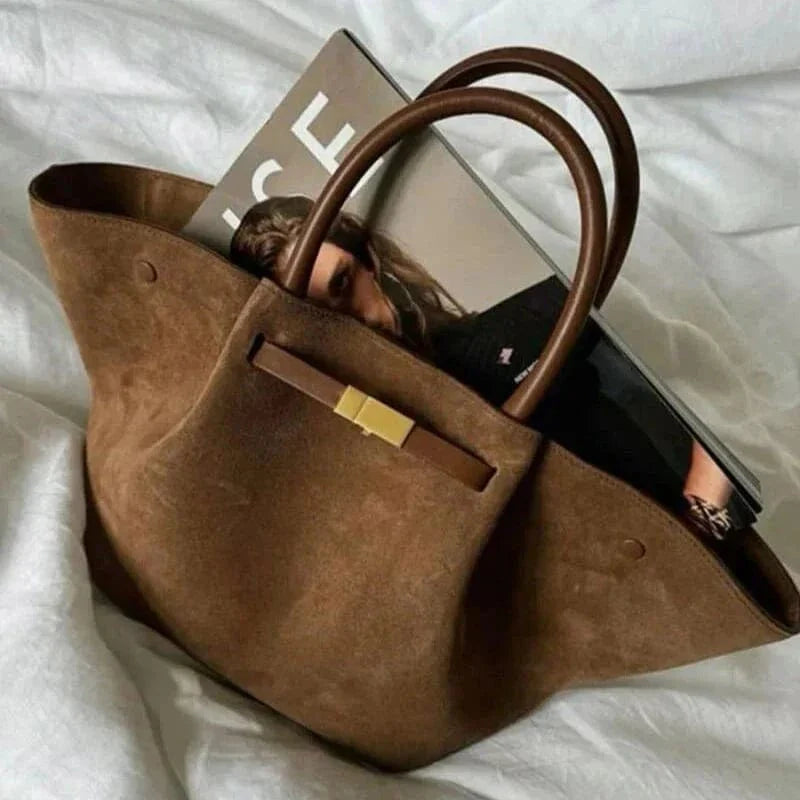 Suede Style Vegan Leather Handbag for Women, Everyday City Purse in Khaki, styled as a SheSelects summer accessory