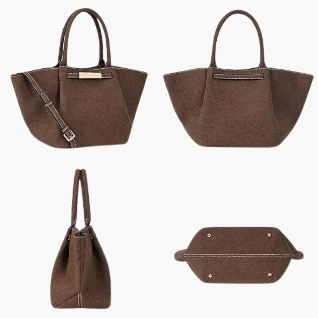 Suede Style Vegan Leather Handbag for Women, Everyday City Purse in Khaki, styled as a SheSelects summer accessory