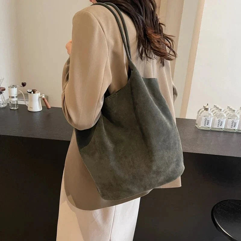 Suede Style Vegan Leather Hobo Bag for Women, Slouchy Everyday Shoulder Purse in Coffee, styled as a SheSelects summer accessory