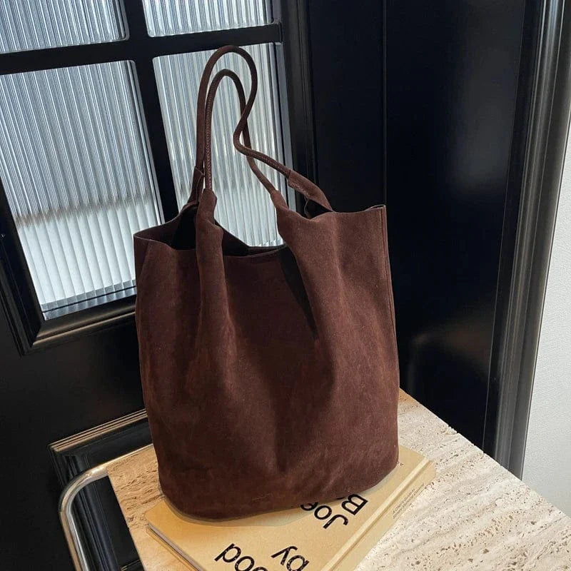 Suede Style Vegan Leather Hobo Bag for Women, Slouchy Everyday Shoulder Purse in Coffee, styled as a SheSelects summer accessory