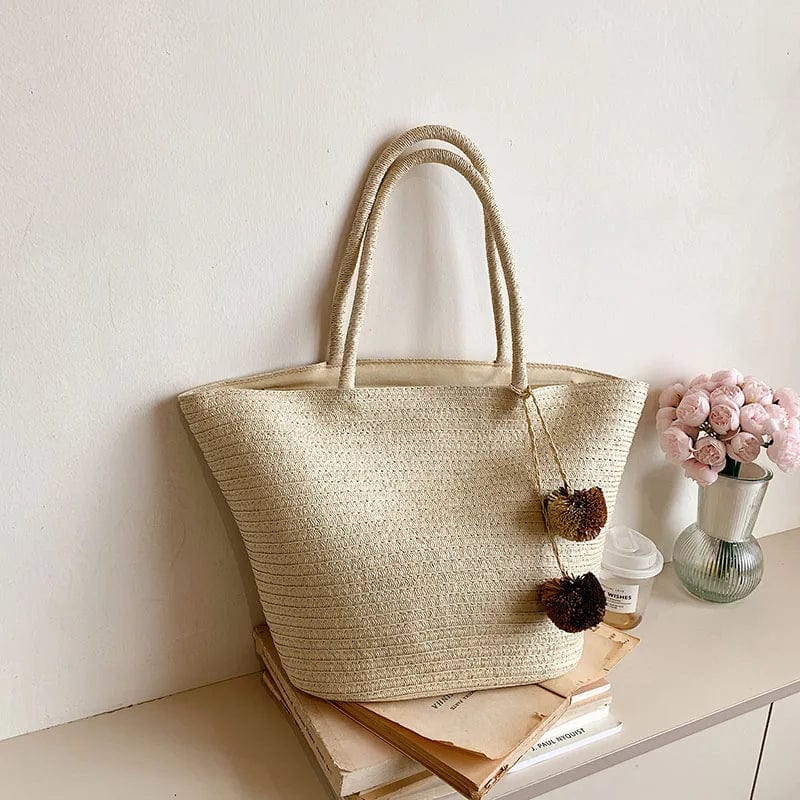 Wicker Beach Bag for Women, Lightweight Summer Vacation Purse in Beige, styled as a SheSelects summer accessory