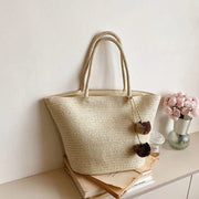 Wicker Beach Bag for Women, Lightweight Summer Vacation Purse in Beige, styled as a SheSelects summer accessory
