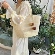 Wicker Beach Bag for Women, Lightweight Summer Vacation Purse in Beige, styled as a SheSelects summer accessory