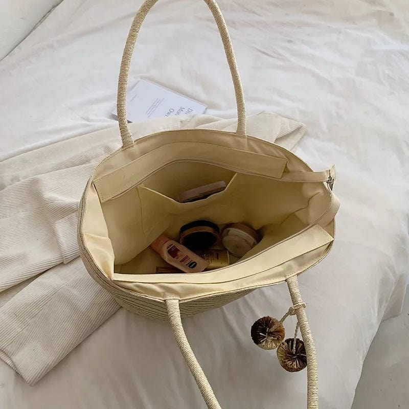 Wicker Beach Bag for Women, Lightweight Summer Vacation Purse in Beige, styled as a SheSelects summer accessory