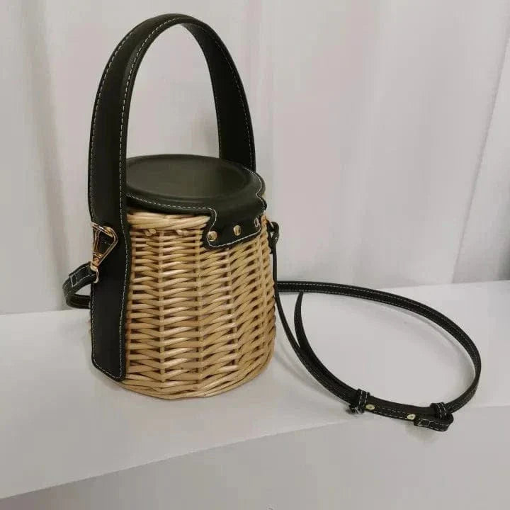 Wicker Bucket Bag for Women, Boho Summer Vacation Purse in Black, styled as a SheSelects summer accessory