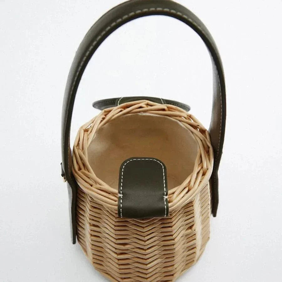Wicker Bucket Bag for Women, Boho Summer Vacation Purse in Black, styled as a SheSelects summer accessory