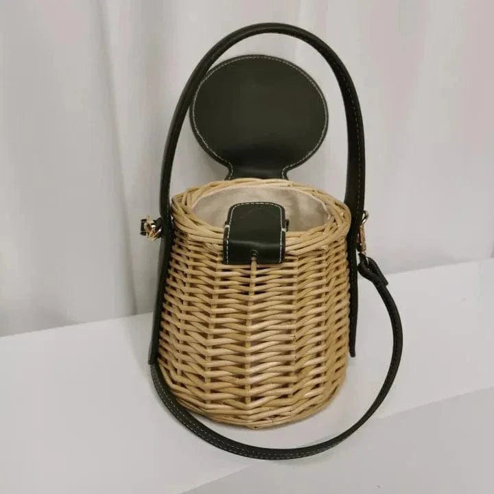 Wicker Bucket Bag for Women, Boho Summer Vacation Purse in Black, styled as a SheSelects summer accessory