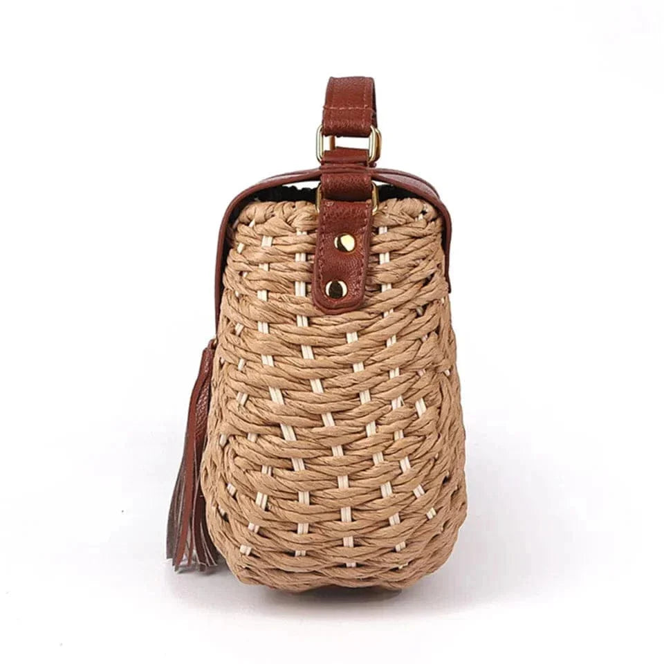 Wicker Crossbody Bag for Women, Woven Summer Purse with Easy Strap in Light Brown, styled as a SheSelects summer accessory