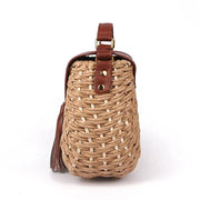 Wicker Crossbody Bag for Women, Woven Summer Purse with Easy Strap in Light Brown, styled as a SheSelects summer accessory