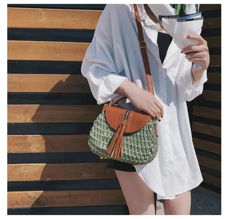 Wicker Crossbody Bag for Women, Woven Summer Purse with Easy Strap in Light Brown, styled as a SheSelects summer accessory