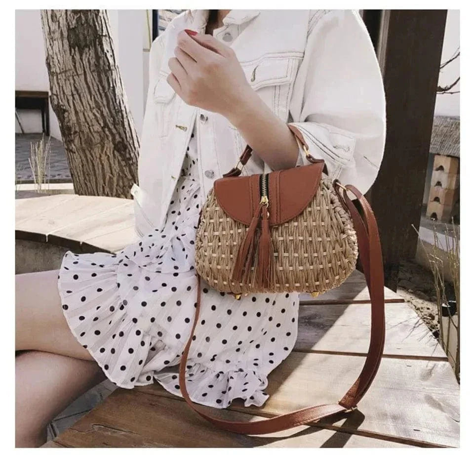 Wicker Crossbody Bag for Women, Woven Summer Purse with Easy Strap in Light Brown, styled as a SheSelects summer accessory