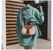 Wicker Crossbody Bag for Women, Woven Summer Purse with Easy Strap in Light Brown, styled as a SheSelects summer accessory