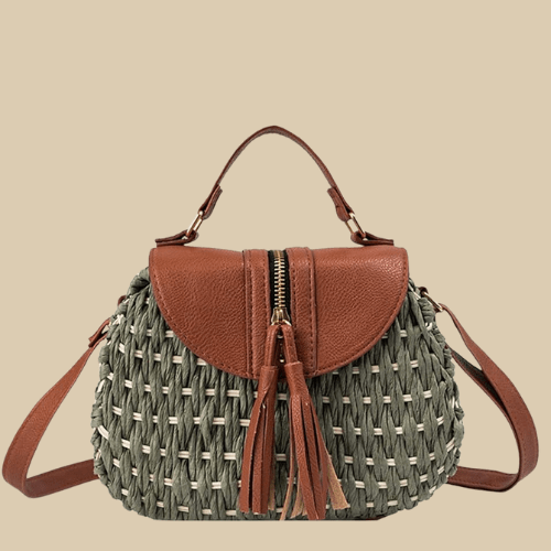 Wicker Crossbody Bag for Women, Woven Summer Purse with Easy Strap in Light Brown, styled as a SheSelects summer accessory