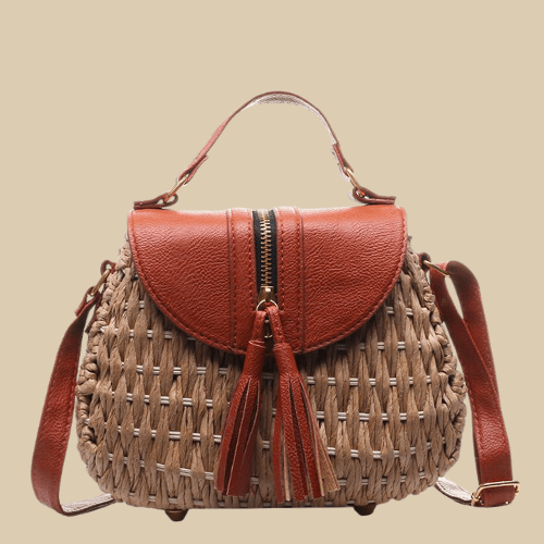 Wicker Crossbody Bag for Women, Woven Summer Purse with Easy Strap in Light Brown, styled as a SheSelects summer accessory