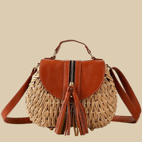 Wicker Crossbody Bag for Women, Woven Summer Purse with Easy Strap in Light Brown, styled as a SheSelects summer accessory