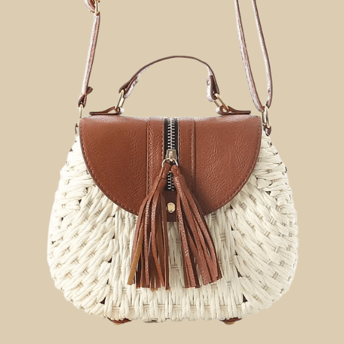 Wicker Crossbody Bag for Women, Woven Summer Purse with Easy Strap in Light Brown, styled as a SheSelects summer accessory