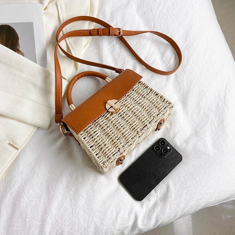 Wicker Shoulder Bag for Women, Natural Woven Summer Purse in Beige, styled as a SheSelects summer accessory