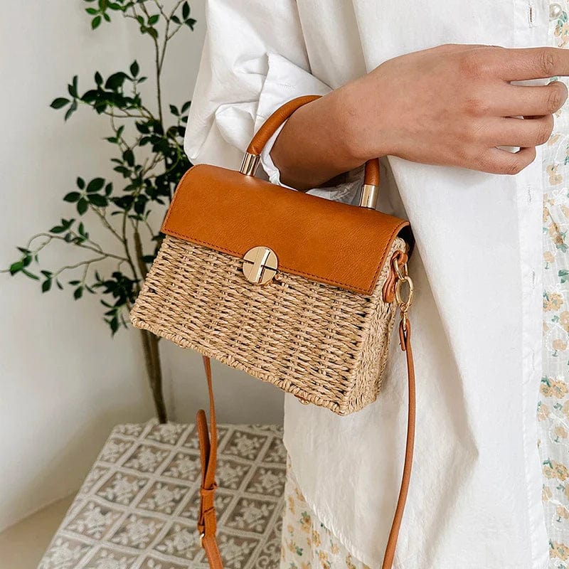 Wicker Shoulder Bag for Women, Natural Woven Summer Purse in Beige, styled as a SheSelects summer accessory