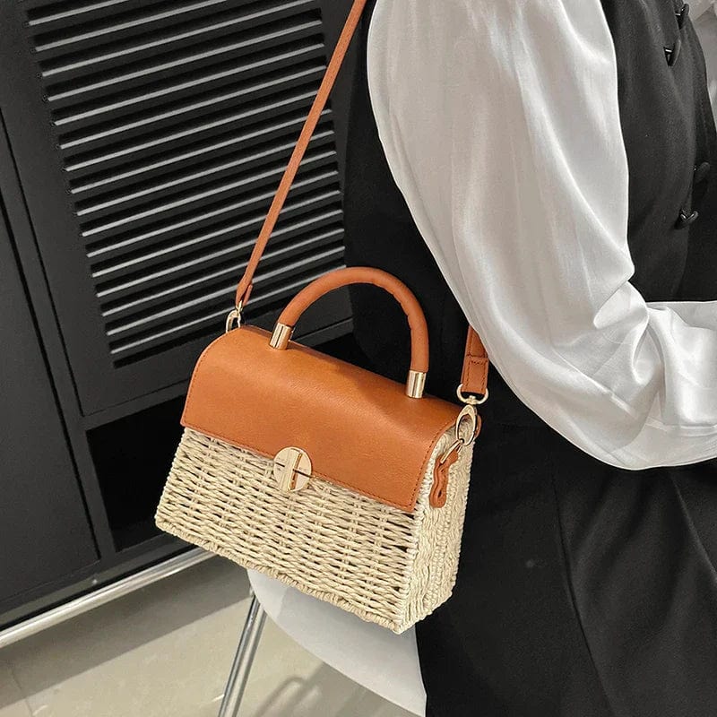 Wicker Shoulder Bag for Women, Natural Woven Summer Purse in Beige, styled as a SheSelects summer accessory