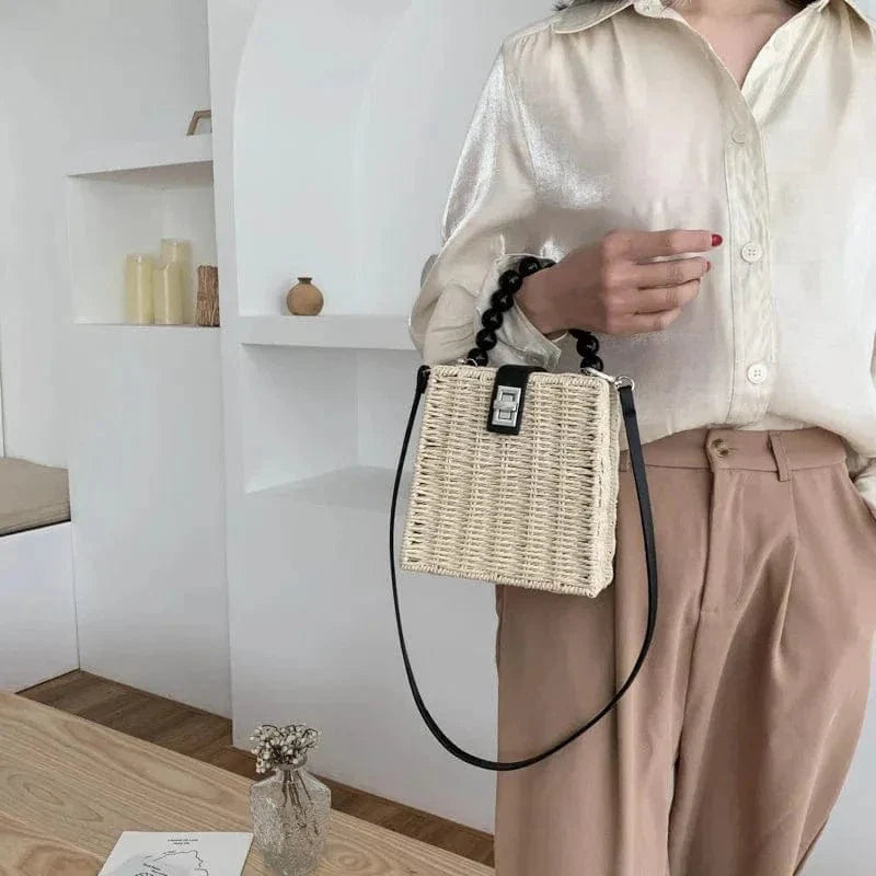 Wicker Summer Bag for Women, Natural Summer Vacation Purse in Beige, styled as a SheSelects summer accessory