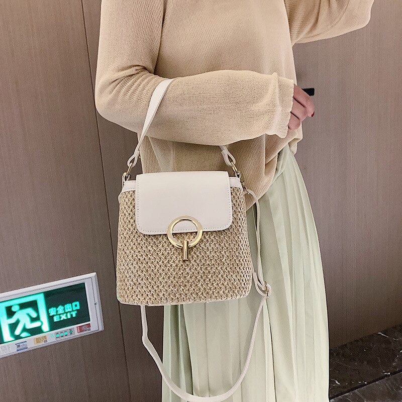 Straw Shoulder Bag for Women, Natural Woven Summer Purse in Black, styled as a SheSelects summer accessory