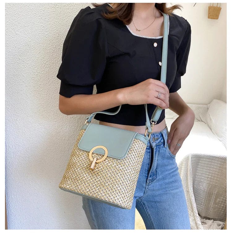 Straw Shoulder Bag for Women, Natural Woven Summer Purse in Black, styled as a SheSelects summer accessory