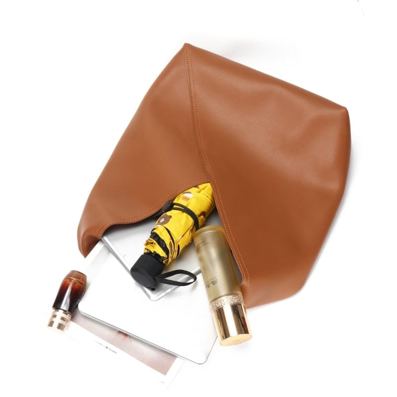 Vegan Leather Tote Bag for Women, Soft Everyday Shoulder Purse in Caramel, styled as a SheSelects summer accessory