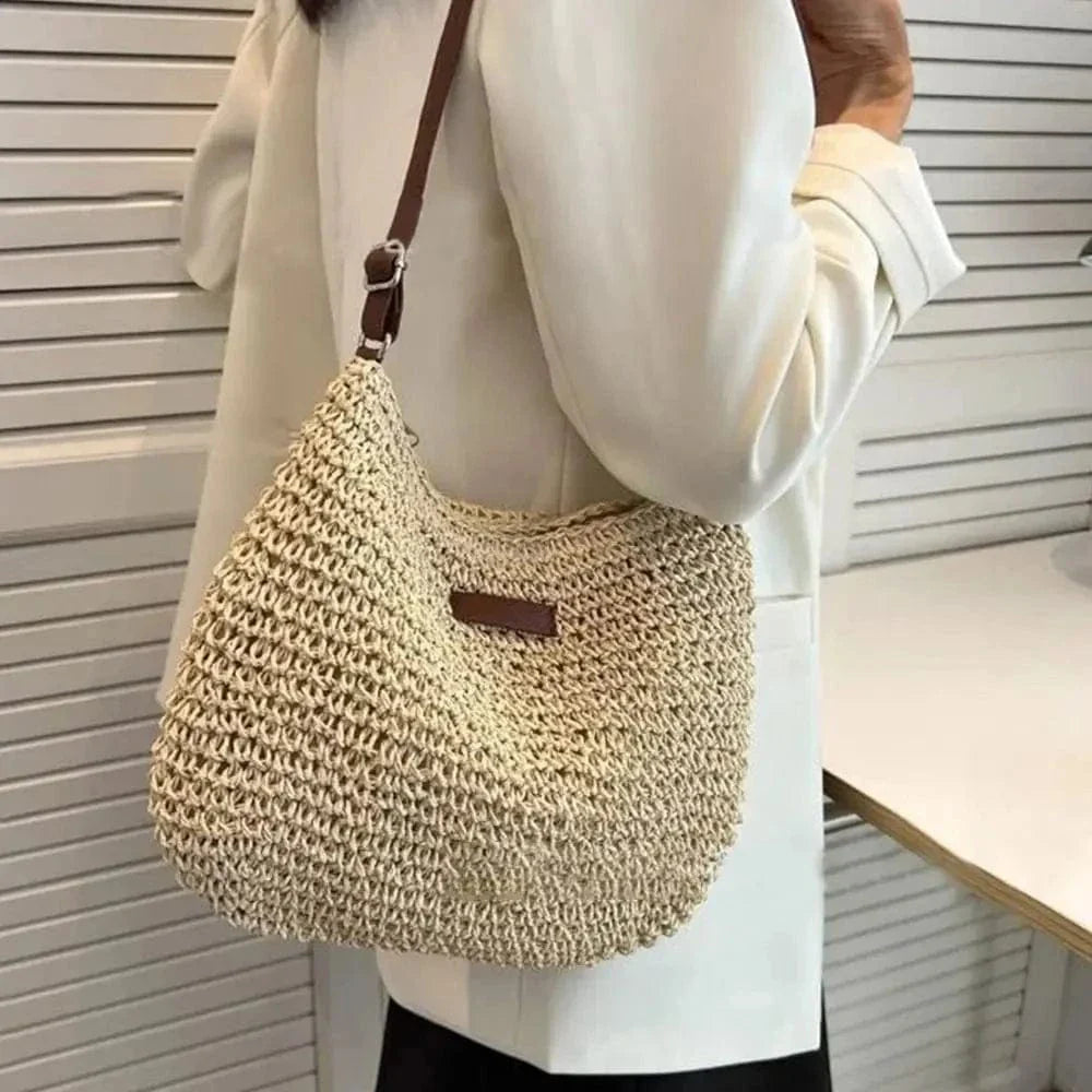 Straw Handbag for Women, Natural Woven Summer Purse in Coffee, styled as a SheSelects summer accessory