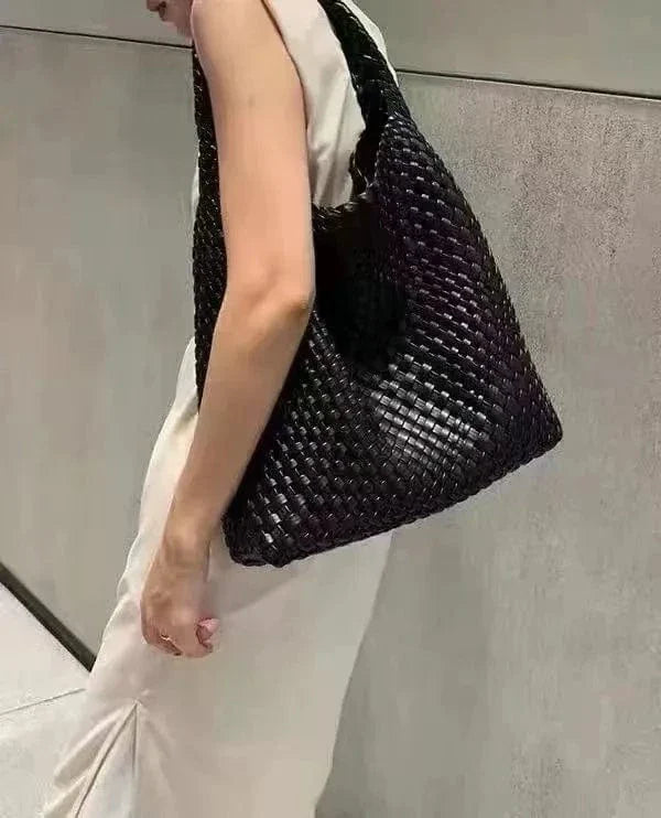 Vegan Leather Tote Bag for Women, Soft Everyday Shoulder Purse in Burgundy, styled as a SheSelects summer accessory