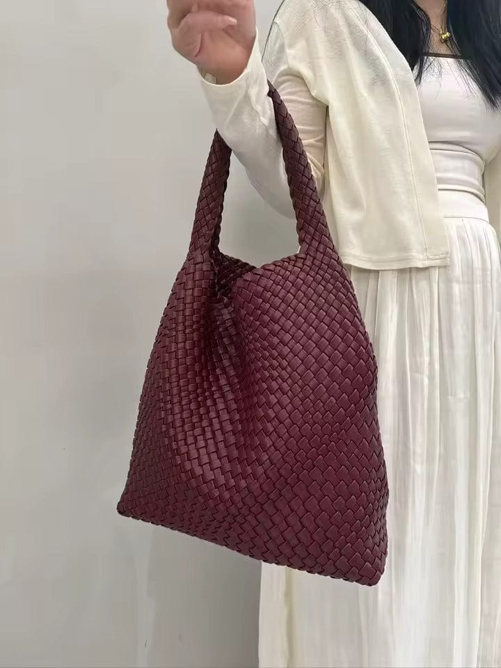 Vegan Leather Tote Bag for Women, Soft Everyday Shoulder Purse in Burgundy, styled as a SheSelects summer accessory
