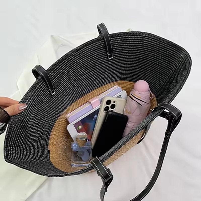 Straw Summer Bag for Women, Natural Summer Vacation Purse in Black, styled as a SheSelects summer accessory
