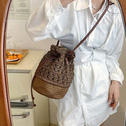 Straw Bucket Bag for Women, Boho Summer Vacation Purse in Coffee, styled as a SheSelects summer accessory
