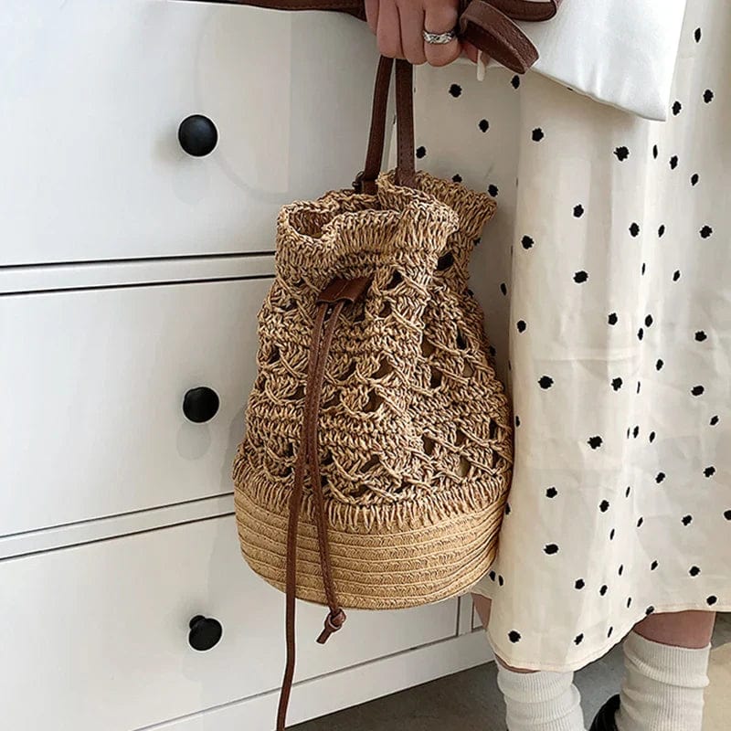 Straw Bucket Bag for Women, Boho Summer Vacation Purse in Coffee, styled as a SheSelects summer accessory