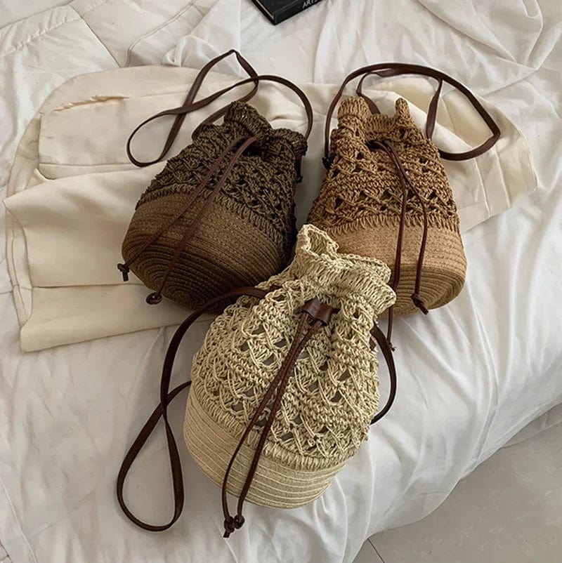 Straw Bucket Bag for Women, Boho Summer Vacation Purse in Coffee, styled as a SheSelects summer accessory