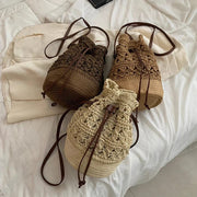 Straw Bucket Bag for Women, Boho Summer Vacation Purse in Coffee, styled as a SheSelects summer accessory